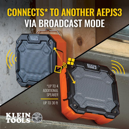 KLEIN TOOLS AEPJS3 Bluetooth Jobsite Speaker With Magnet and Hook, 20-Hr Run Time, Charge Via USB A or C, Pair Multiple Speakers Via Broadcast, Hands Free Capable