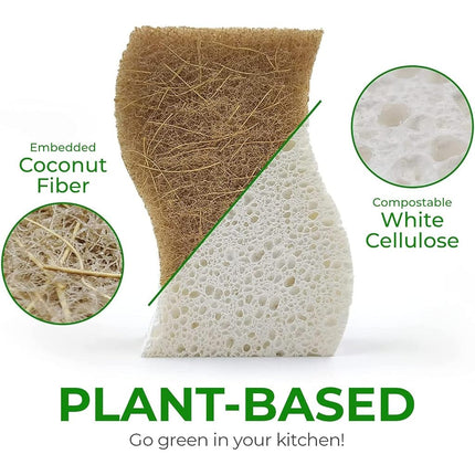 AIRNEX Natural Kitchen Sponges (24 Pack) - Biodegradable Cellulose & Coconut Scrubber Dish Sponges for Kitchen - Eco-Friendly, Non Scratch, Compostable, Non Toxic S-Shaped Natural Sponges for Dishes