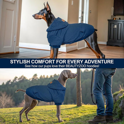 BEAUTYZOO Large Dog Hoodie Sweater with Pockets, Dog Clothes for Small Medium Dogs Boy Girl, Waffle-Like Laminated Cotton Pet Coats with Hat and Leash Hole, Navy Blue 2XL