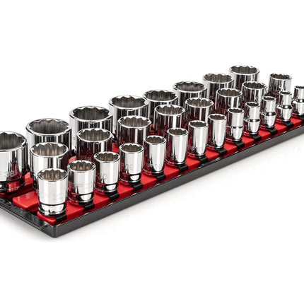 TEKTON 1/2 Inch Drive 12-Point Socket Set with Rails and Tray, 29-Piece (10-38 mm) | SHD92128