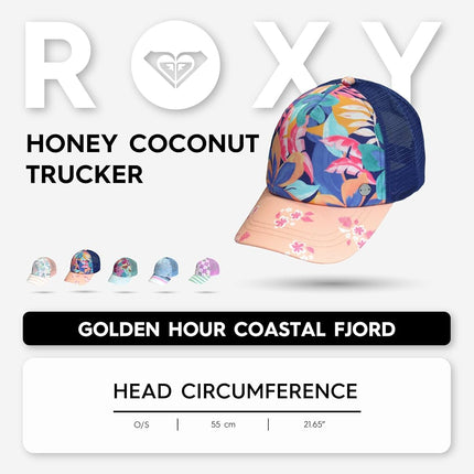 Roxy Girls Honey Coconut Trucker Hat – Adjustable Summer Cap for Girls, Lightweight and Breathable, Golden Hour Coastal Fjord, One Size