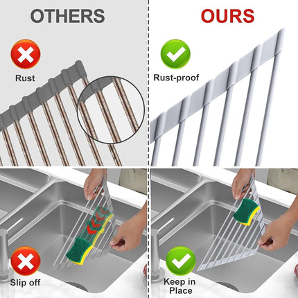 MERRYBOX Triangle Roll Up Dish Drying Rack Over The Sink, 2025 Anti-Rust Sink Drying Rack with Full Silicone Wrapped for Top of Corner, Anti-Slip Organizer for Kitchen