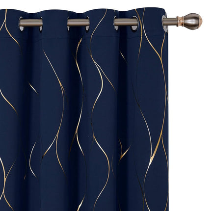 Deconovo Gold Wave Foil Print Blackout Curtains, 52W x 84L Inch, Navy Blue, 1 Pair, Grommet Light Blocking Room Darkening Curtain, Noise Reducing Window Drapes for Living Room Bedroom