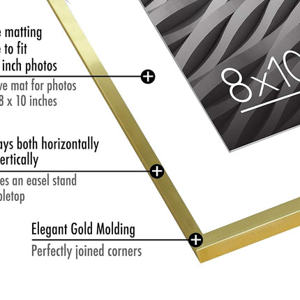 Americanflat 8x10 Photo Frame in Gold - Use as Thin Border 7x5 Photo Frame with Mount or 8x10 Frame without Mount - Picture Frame with Shatter-Resistant Glass and Easel for Wall and Tabletop Display