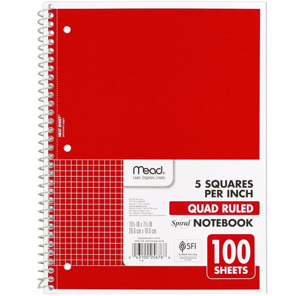 Cahier à spirale Mead, 1 sujet, papier quadrillé, 19 x 26,7 cm, 100 feuilles, Rouge feu (05676AB5)