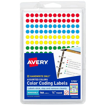 Avery 05795 Handwrite Only Removable Round Color-Coding Labels, 1/4" Dia, Assorted (Pack of 768)