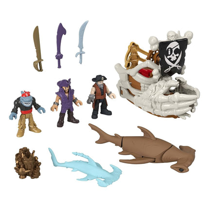 Fisher-Price Imaginext Billy Bones Pirate Ship Playset with Accessories 3 Action Figures & Toy Boat with Skeleton Hands and Launcher, 7 Accessories for Pirate Adventures