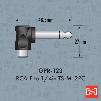 HOSA Technology GPR123 RCA to 1/4-Inch TS 2 Piece Right-Angle Adaptors, Black