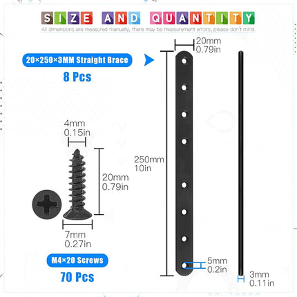 Glarks 8 Sets 250mm Flat Straight Corner Brace Black Metal Joint Plate Connector Repair Fixing Bracket with 70Pcs Screws for Wood Furniture (250x20x3mm)