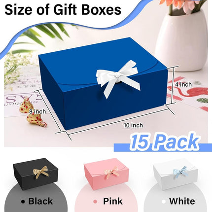 PEKGRIL 15 PCs Gift Boxes with Lids, Blue 10X8X4 Inch Gift Boxes, Bridesmaid Proposal Box with Ribbon, Kraft Paper Boxes for Wedding, Packaging, Present, Birthday, Christmas, Party