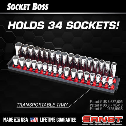 Ernst Manufacturing 8487 Socket Boss, 2 18-Inch Rails featuring Twist-Lock Secure Socket Holder and Drawer Tray, Fits 1/2 Inch Drive Sockets, Green - Made in USA