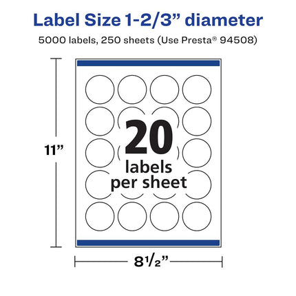 Avery Matte White Round Labels with Sure Feed, 1-2/3" Diameter, 5,000 Matte White Printable Labels