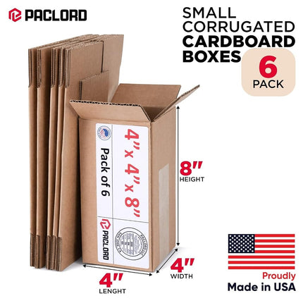 Paclord 6 Pack Small Cardboard Boxes 4" x 4" x 8" (L x W x H) - USA Made Packaging Boxes for Moving, Shipping or Storage - USPS, UPS, FedEx Approved