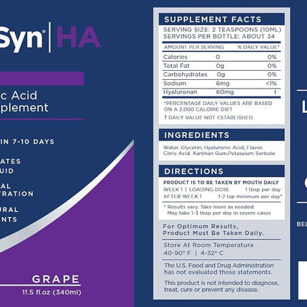 LubriSynHA Joint Supplement, Grape Flavor, 11.5oz – All-Natural, High-Molecular Weight Hyaluronic Acid - Joint Support for Women & Men – Promotes Healthy Joint Function, Made in USA, 100% Vegan