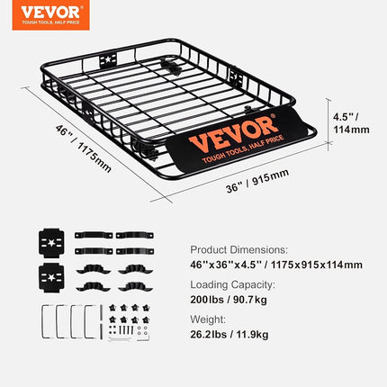 VEVOR Roof Rack Cargo Basket, 46“x36 x4.5” /117x91x11 cm Rooftop Cargo Carrier, Heavy-Duty 200 LBS/90 KG Capacity Universal Roof Rack Basket, Luggage Holder for SUV, Truck, Vehicle