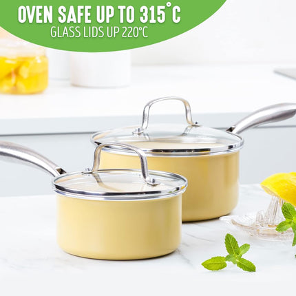 GreenLife Artizan Healthy Ceramic Non-Stick 14cm/1l and 18 cm/2l Saucepan Pot Set with Lids, Stainless Steel Handle, Induction, PFAS-Free, Oven Safe, Yellow