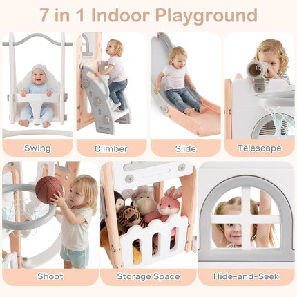 OLAKIDS Toddler Slide and Swing Set, 7 in 1 Kids Indoor Outdoor Playground with Climber Basketball Hoop Telescope Toy Storage for Boys Girls Aged 1+