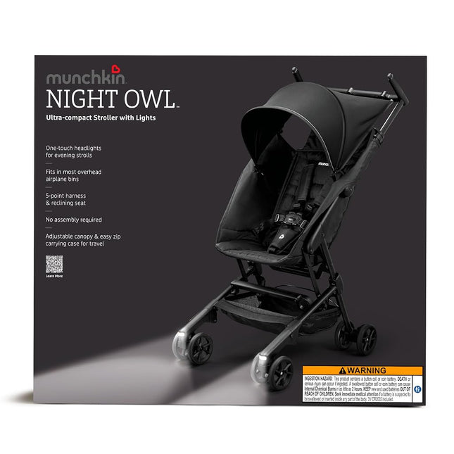 Munchkin Night Owl Lightweight Travel Stroller with Wheel Lights, Ultra Compact for Daily Travel and Easy Storage, Baby and Toddler, Black
