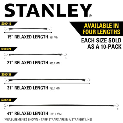 STANLEY S300421 Black 21" All-Weather Rubber Bungee Cords with S-Hooks for Securing Tarps, Flatbed Hauler and Boat Covers, Storage, and Cargo, 10 Pack