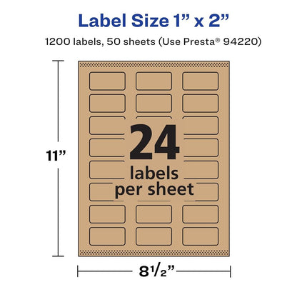Avery Kraft Brown Rectangle Labels with Sure Feed, 1" x 2", 1,200 Kraft Brown Labels, Print-to-The-Edge, Laser/Inkjet Printable Labels