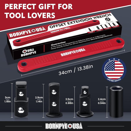 Bornpye Offset Extension Wrench Set, Impact Ready Socket Wrench Extender Tool with Versatile 1/4", 3/8", and 1/2" Square Drive Adapters (Red)