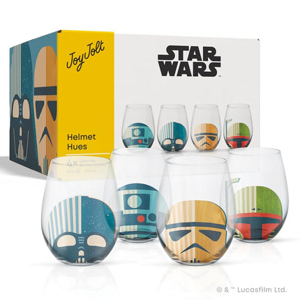 JoyJolt Star Wars™ Helmet Hues Tumblers Stemless Glasses. Set of 4 Large 19oz Stemless Glass Drinking Glasses, Star Wars Kitchen Glasses. Star Wars Gifts and, Star Wars Collectibles for Adults