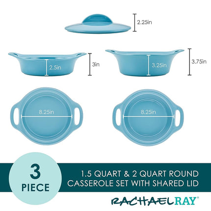 Rachael Ray Solid Glaze Ceramics Casserole Bakeware/Baker Set with Shared Lid, 3 Piece, Agave Blue