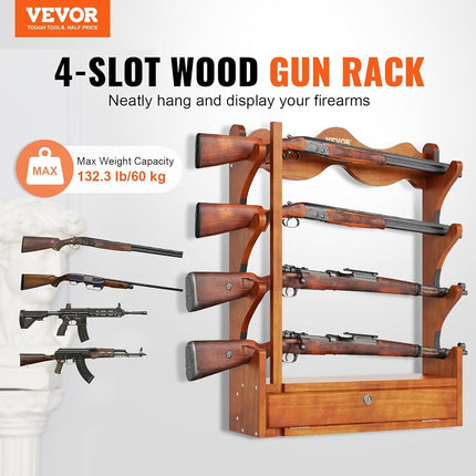 VEVOE Gun Rack, Wood Gun Rack Wall Mount, Gun Display Rack Holds 4 Rifles, Shotguns, 132 lb Heavy Duty Wall Storage Display Rifle Rack with Soft Padding