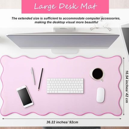 Hahafelt Scalloped Desk Mat Large Scalloped Piping Cute Desk Mat Aesthetic Preppy Table Pad Large Nonslip Pad with Edge Stitching Waterproof Gaming(Pink,36 x 17 Inches)