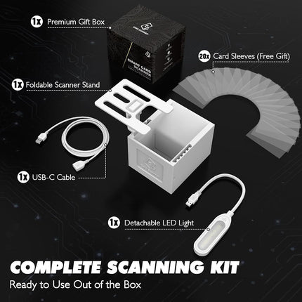 Card Scanner Stand with LED Light for TCG & MTG Sports Cards - Hands-Free Phone Mount for ManaBox - Scans Sleeved Cards (20x Sleeves Included) - Foldable Organizer with Premium Gift Box