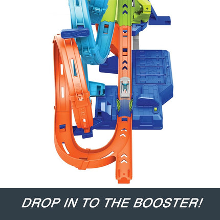Hot Wheels Track Set with 4 Loops, 3-Way Crash Zone & Motorized Booster, Folds for Storage, With 1:64 Scale Toy Car, HXT06