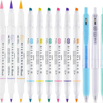 Zebra Pen Journaling & Lettering Stationery Set (18 Pack) Dual Tip MILDLINER Pastel Highlighters & Colouring Pens, MILDLINER Brush Pens, and SARASA Gel Pens - Assorted Highlighters Pens Multipack