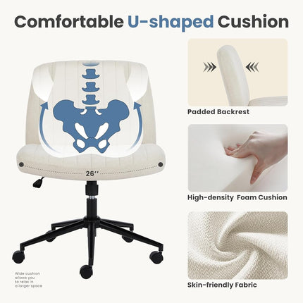 Chaise de bureau à roulettes DUMOS Criss Cross, chaises de bureau/coiffeuse larges à pieds croisés, chaises pivotantes réglables sans accoudoirs en tissu pour ordinateur/travail à domicile, beige