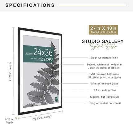 MCS Studio Gallery Movie Poster Frame 27x40 Matted to 24x36 Black Woodgrain, Vertical & Horizontal Wall Hanging Large Picture Frame for Photos & Custom Posters (1-Pack)