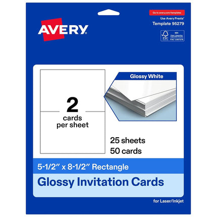 Avery Printable Rectangle Invitation Cards, 5.5" x 8.5", Glossy White Cardstock, Laser/Inkjet Cards, 50 Total