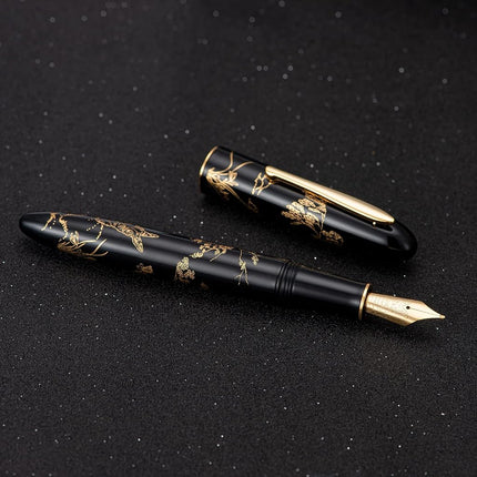 HONG DIAN N23 Black Rabbit Fountain Pen, Long Blade Medium Nib Gold Trim, New Year Lucky Rabbit Carving Design, Smooth Writing Pen with Converter and Metal Pen Box Set