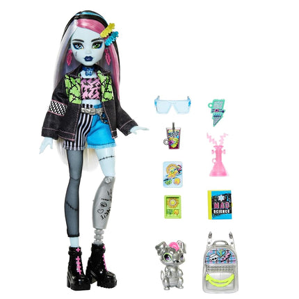 Monster High Frankie Stein Doll in Denim Jacket & Shorts, Includes Pet Dog Watzie & Accessories like a Backpack, Snack & Notebook