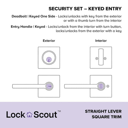 Lock Scout Straight Lever with Square Trim Keyed Entry Door Handle and Single Cylinder Deadbolt, Matte Black Finish