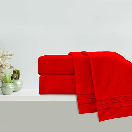 Parure de lit 4 pièces en microfibre élégante et confortable, respirante, douce, qualité hôtelière 1500 fils, bonnet profond et ajustement facile, très grand lit (California King), rouge
