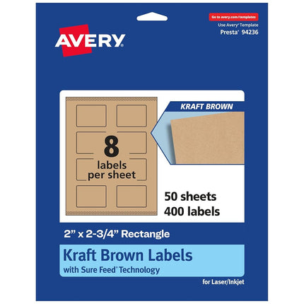 Avery Kraft Brown Rectangle Labels with Sure Feed, 2" x 2.75", 400 Kraft Brown Labels, Print-to-The-Edge, Laser/Inkjet Printable Labels