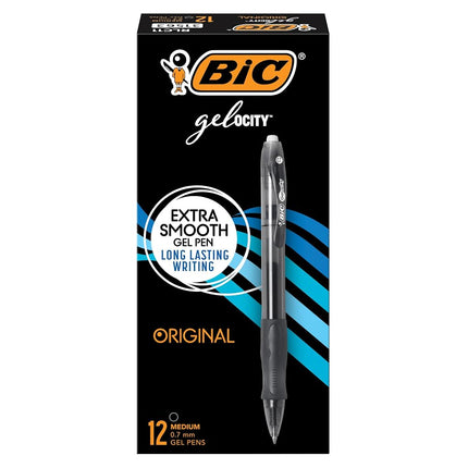 BIC Gel-ocity Original Black Gel Pens, Medium Point (0.7mm), 12-Count Pack, Retractable Gel Pens With Comfortable Grip