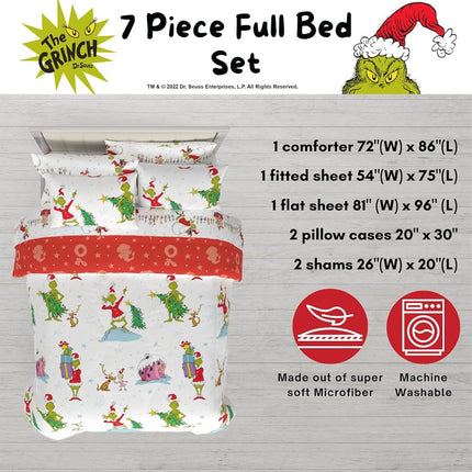 Housse de couette et parure de draps Franco avec taie, microfibre, Grinch-Blanc + Rouge, 7 pièces Grand lit