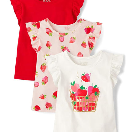 The Children's Place Baby Girls' and Toddler Short Sleeve Everyday Casual Knit Shirt, Cupids Arrow Flutter 3-Pack, 4T