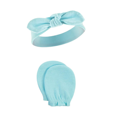 Hudson Baby Baby Girls' Cotton Headband and Scratch Mitten Set, Peacock, 0-6 Month
