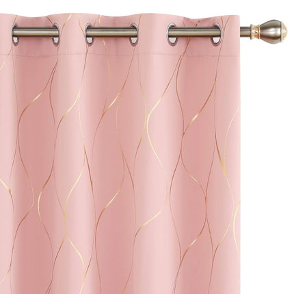 Deconovo Gold Wave Foil Print Blackout Curtains, 52W x 84L Inch, Navy Blue, 1 Pair, Grommet Light Blocking Room Darkening Curtain, Noise Reducing Window Drapes for Living Room Bedroom