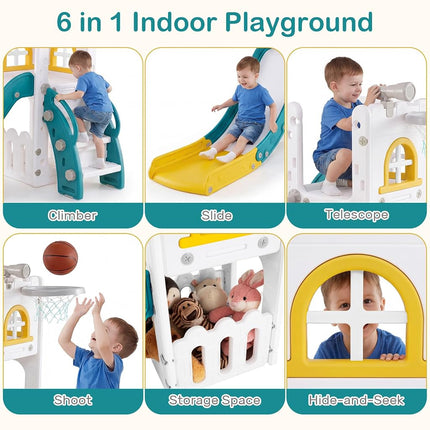 OLAKIDS Toddler Slide, 6 in 1 Kids Indoor Outdoor Playground with Climber Basketball Hoop Telescope Toy Storage for Boys Girls Aged 1+