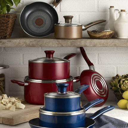 T-fal B037SE64 B037SE Excite ProGlide Batterie de cuisine antiadhésive avec indicateur de chaleur Thermo-Spot, compatible lave-vaisselle et four, 14 pièces, bleue