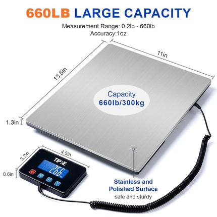 TIPRE Shipping Scale 660lbs for Packages,Heavy Duty Digital Postal Express Scale,1 oz High Accuracy with Charging Cable & Batteries,Extra Large Stainless Steel for Small Business,Warehouse,Home