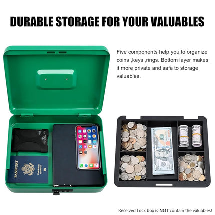 KYODOLED Metal Cash Box with Combination Lock Money Box for Cash Safe Metal Box with Money Tray for Security Lock Box 11.81"x 9.45"x 3.54" Green X Large