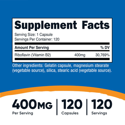 Nutricost Vitamina B2 (Riboflavina) 400 mg, 120 Cápsulas - Sin Gluten, Sin OMG, Aumento de Energía, Calidad Premium